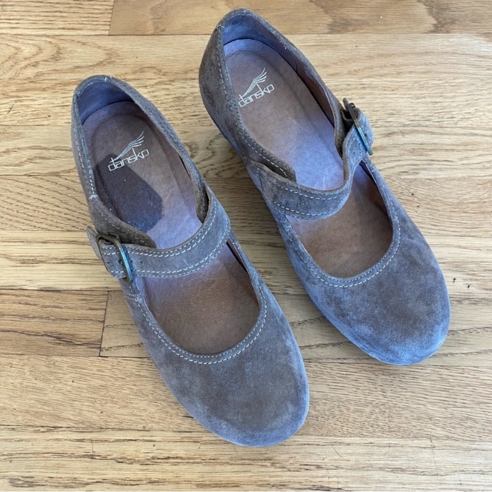 Dansko Taupe Suede Mary Jane Wedge Shoes - Picture 2 of 13